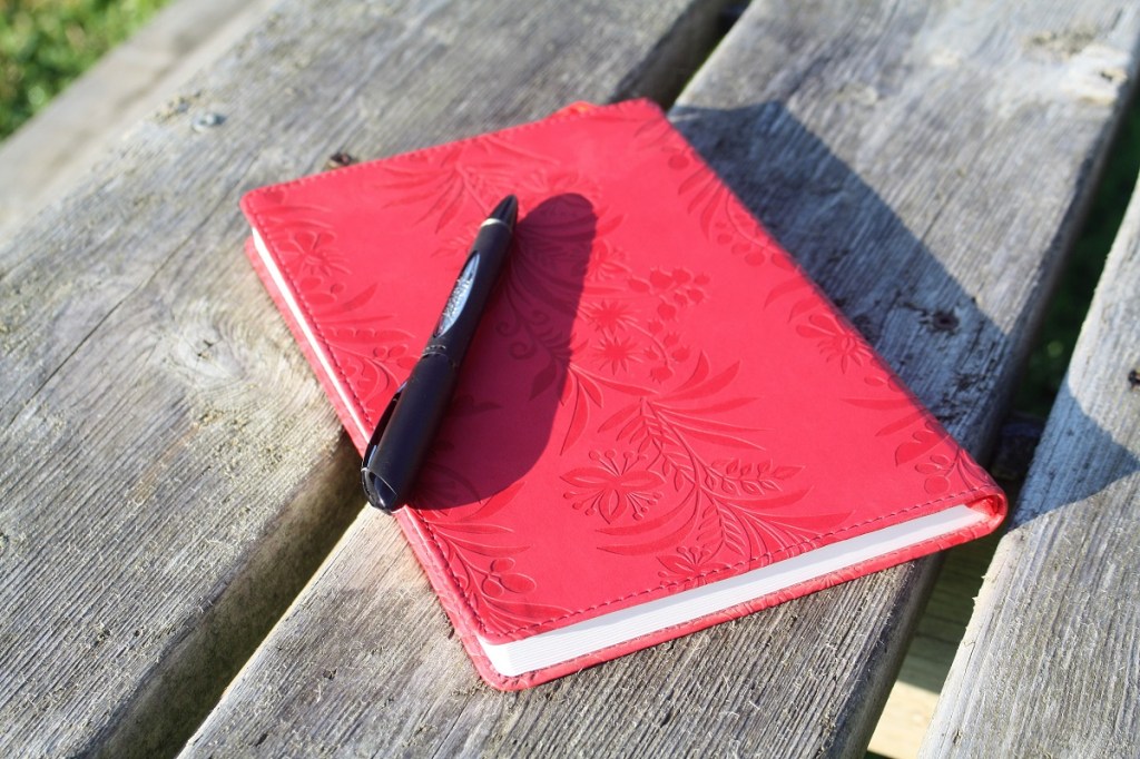 A red journal and a pen on a weathered picnic table