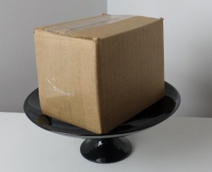 A sturdy cardboard box in the shape of a cube, with the potential for so many uses.