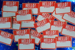 A collage of "Hello my name is..." stickers