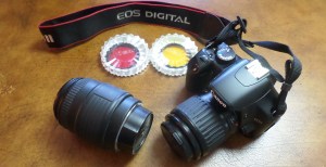 An overhead shot of Canon camera gear