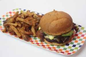 a hamburger and french fries on a colourful serving plate