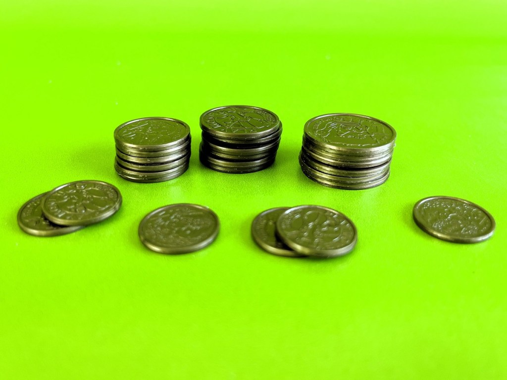 Coins from a set of play money.
