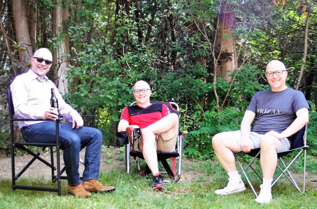 A group shot of me as triplets, each on a different style of lawn chair
