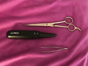 Grooming tools: a pair of barber's scissors, nose hair trimmers and tweezers
