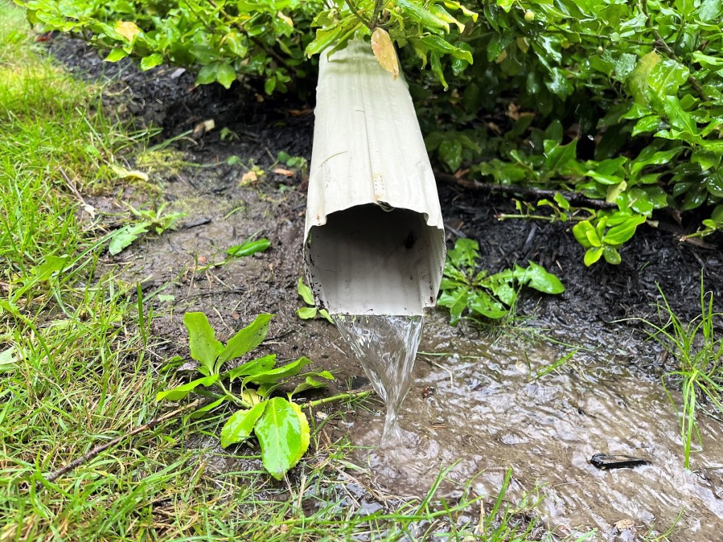 The down spout from our eavestroughs, with water flowing out of it.