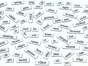 A collection of randomly selected words (in Swedish) on a white background