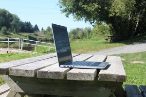 An open laptop on a picnic table in a beautiful park.