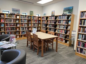 A photo of a table and chairs, surrounded by shelves of library books