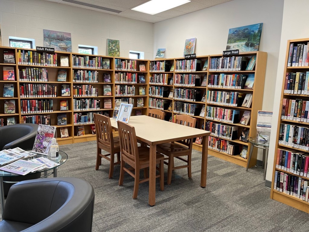 A photo of a table and chairs, surrounded by shelves of library books