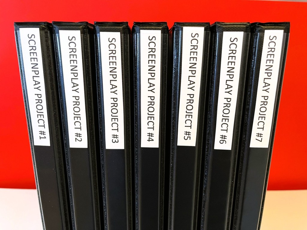 A collection of binders containing my completed screenplays.