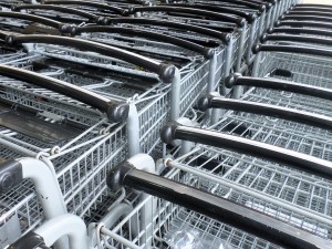 Neatly organized shopping carts at the grocery store.