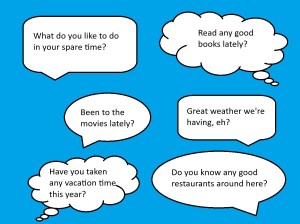 A collection of word balloons, offering suggestions of conversation starters.